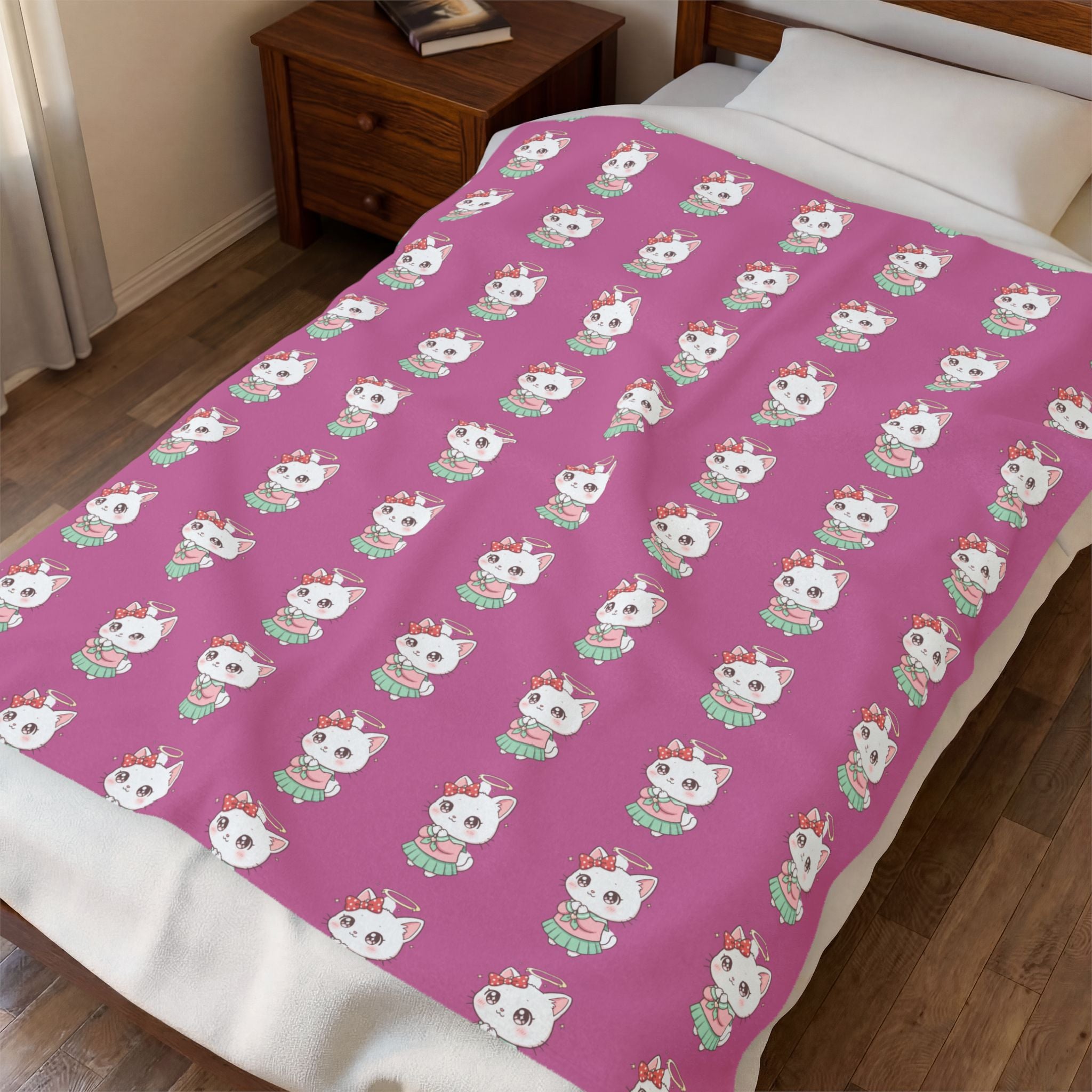 Cute Pink Cat Pattern Velveteen Plush Blanket — Cozy Kids Throw